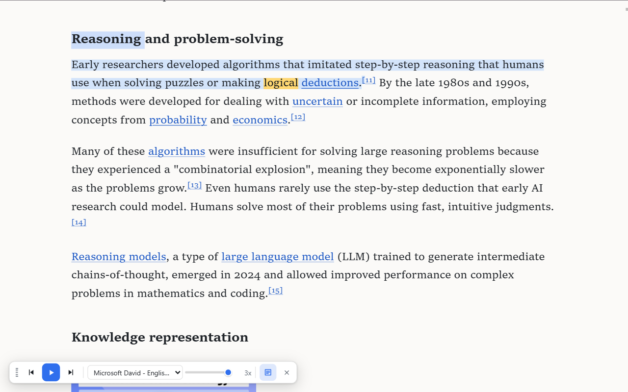 Narrate reading a Wikipedia article in Chrome — the current word is highlighted in amber, the current sentence tinted blue, with the reading toolbar at the bottom of the page