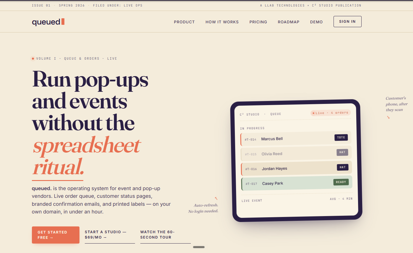 queued. — live order queue and customer status board for event and pop-up vendors
